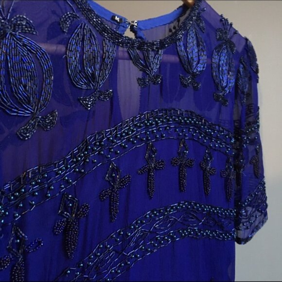 Vintage 1980s Blue Beaded Silk Dress - Picture 10 of 12